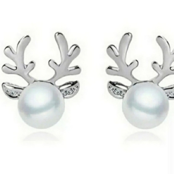 None Jewelry - Silver Rhinestone Faux Pearl Reindeer Stud Earrings